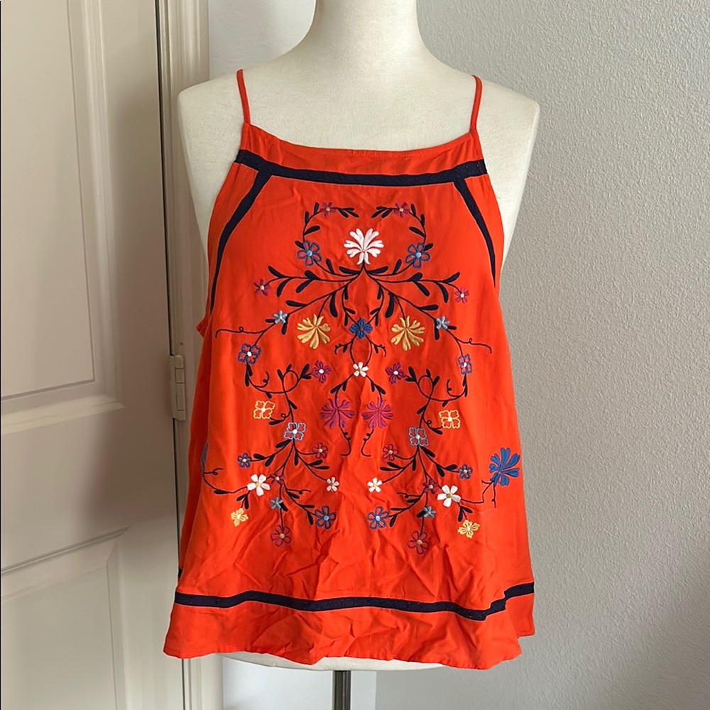 Floral Embroidered Red Camisole Top